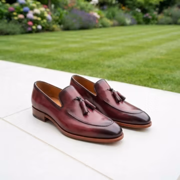 Burgundy Patina Leather Tassel Loafers | Hand-Burnished Handmade Men's Slip-On Dress Shoes | Formal Loafers