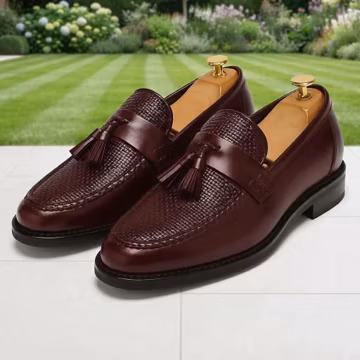 Burgundy Leather Tassel Loafers | Woven Toe Dress Shoes, Slip-On Style