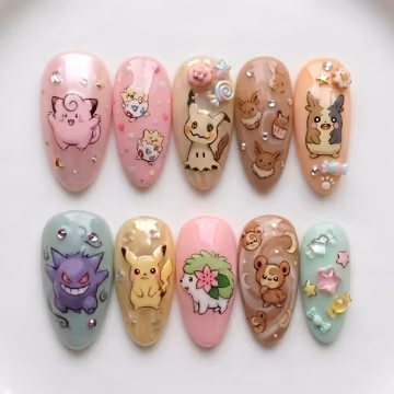 Handmade Kawaii Character Press On Nails | Pastel Cute Anime Nail Art Design | Hand Painted Glossy Almond Fake Nails
