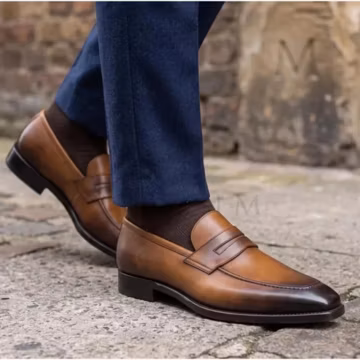 Men’s brown leather penny loafers, handmade slip on dress shoes, burnished finish Christmas Gift