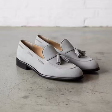 Handmade grey suede tassel loafers, classic slip-on, men’s dress shoes