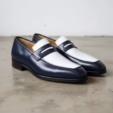 Two tone leather penny loafers for men, handmade formal slip on dress shoes