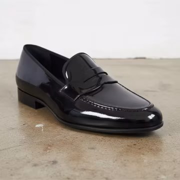 Black patent penny loafers for men, handmade leather dress shoes