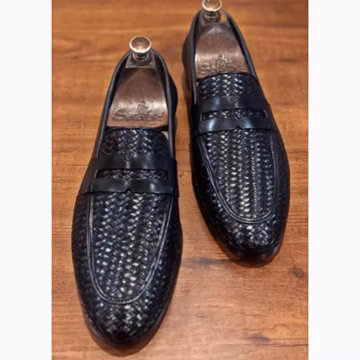 Handmade Black Woven Leather Penny Loafers Men's Slip On Dress Shoes Gift for Him