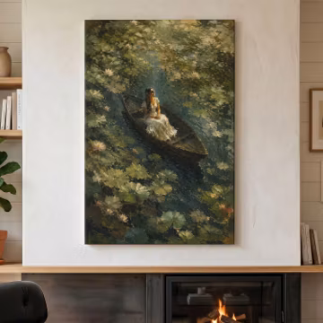 Woman In Boat Canvas Print, Impressionist Lotus Pond Wall Art, Moody Botanical Decor, Serene Water Lily Nature Art, Dark Academia Print