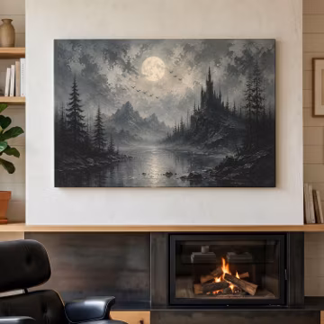Gothic Castle Wall Art, Moonlit Mountain Canvas Print, Moody Dark Academia Decor, Forest Landscape, Spooky Night Art, Fantasy Wall Decor