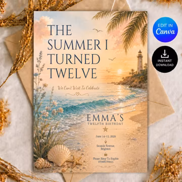 Beach Birthday Invitation Editable Canva Template Coastal Summer Party Invite Ocean Birthday Printable Digital Download Template Gift