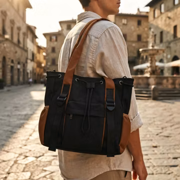 Two-Tone Drawstring Tote Bag, Large Capacity Nylon Work Shoulder Bag, Casual Commute Crossbody Handbag for Daily Travel