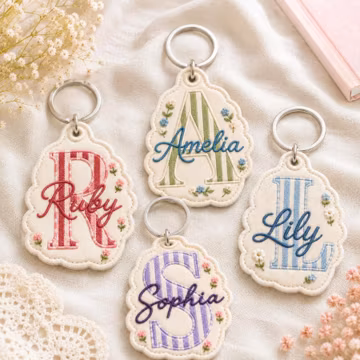 Personalized Floral Initial Letter Keychain Custom Name, Coquette Embroidered Stripe Bag Charm, Preppy Gift for Her Back to School