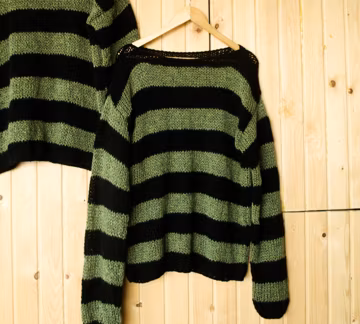 Striped Sweater, Uniform Green and Black Stripey Jumper, Grunge Green Striped Sweater, Punk Mohair Jumper, Hand Knit Mohair Sweater