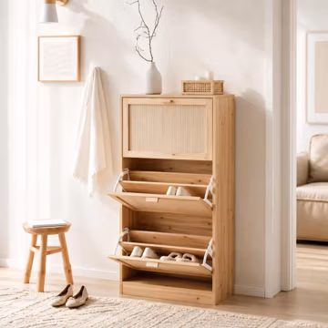 Solid Wood 3 Tier Shoe Cabinet Slim Flip Door Shoe Storage Rack Narrow Hallway Entryway Organiser Scandinavian Natural Wood Shoe Cupboard
