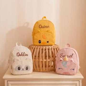 Personalized Toddler Backpack - Custom Embroidered Corduroy School Bag with Panda, Unicorn or Duck, Kindergarten Gift