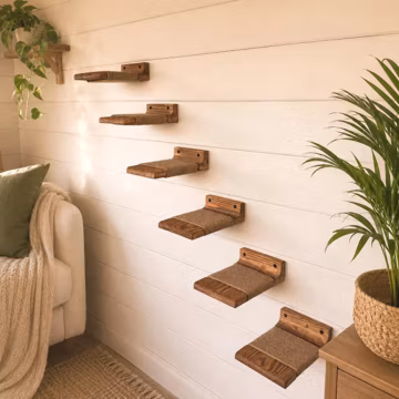 Cat Wall Steps, Wooden Cat Shelves with Jute Rope, Wall Mounted Cat Climbing Furniture, Set of 1–6 Handmade Steps