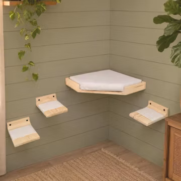 Wall Mounted Corner Cat Bed with Rope Steps, Natural Pine Cat Wall Furniture