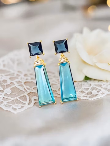 Montana Sapphire Blue Aquamarine Art Deco Dangle Earrings, 14k Gold Plated Wedding Jewelry