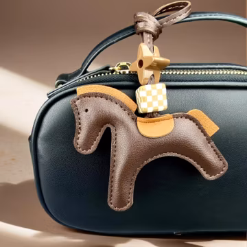 Handmade PU Leather Pony Charm, Checkered Bead & Star Keyring, Cute Horse Purse Accessory Gift
