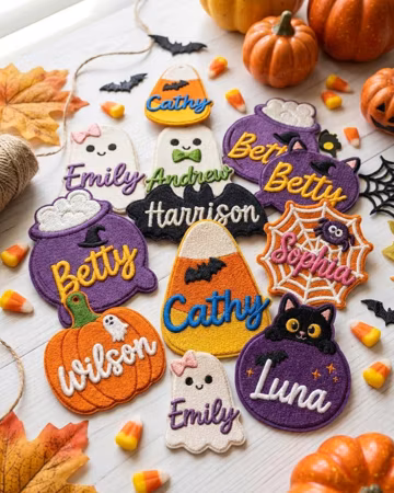 Personalized Halloween Embroidered Keychain, Custom Name Spooky Bag Tag, Ghost Pumpkin Bat Patch