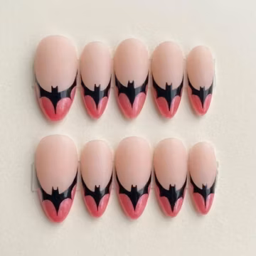 Halloween Press On Nails, Pink Bat French Tip, Gothic Fake Nails, Spooky Season Gift