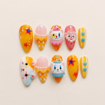 Colorful Carnival Press On Nails, Kawaii Clown Ice Cream 3D Charms, Summer Party