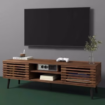 Mid Century TV Stand with Slatted Storage Console