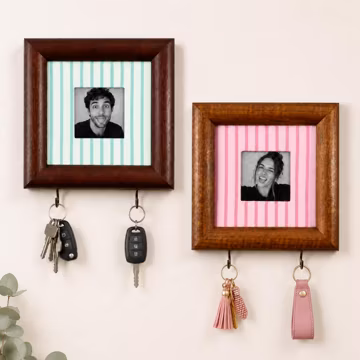 Couple Housewarming Gift, Personalized Photo Frame Key Holder, Custom Striped Fabric Keepsake
