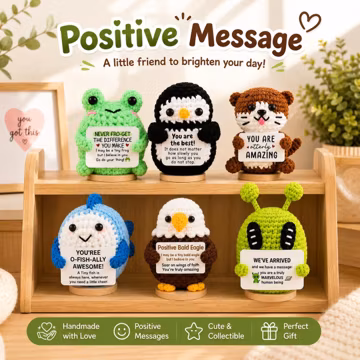 Positive Crochet Animal Doll with Encouraging Message, Cute Desk Decor, Friendship Gift for Friend Coworker Student