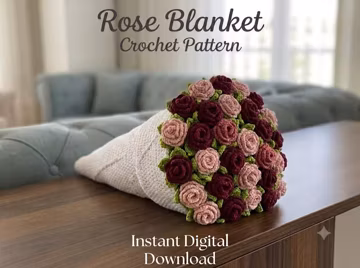 Bouquet Blanket Crochet Pattern PDF, Rose Flower Blanket DIY, Round Crochet Throw Pattern, 3D Floral Digital Download