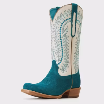 Teal Suede Embroidered Cowgirl Boots, Cream Leather Western Style