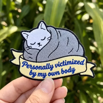 Personally Victimized By My Own Body Embroidered Patch, Funny Sleeping Cat Iron On Applique, Sarcastic Cat Jacket Patch