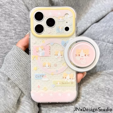 Pastel Chef Cat Sticker MagSafe iPhone Case, Yellow Lens Frame Clear Phone Cover With Pink Cat Pop Socket For iPhone 17/16/15/14 Pro Max