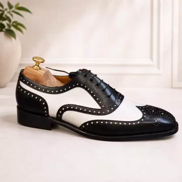 Men's Handmade Leather Wingtip Oxford Shoes, Black White Spectator Brogue Footwear