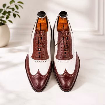 Men's Burgundy White Leather Wingtip Oxford Brogue Shoes