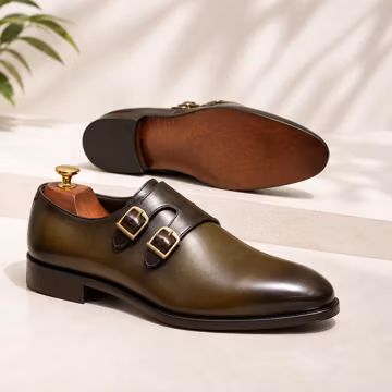 Men's Handmade Olive Leather Double Monk Strap Dress Shoes, Formal Wedding Footwear