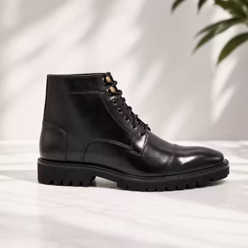 Men's Handmade Black Leather Cap Toe Combat Boots, Military Lace-Up Ankle Footwear