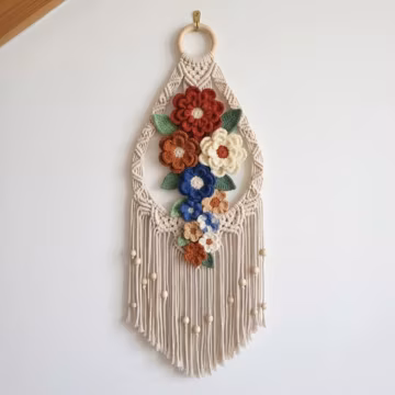 Macrame Teardrop Wall Hanging Pattern with Crochet Flowers, Boho Floral Dreamcatcher Style Decor PDF, Beaded Fringe Wall Art DIY