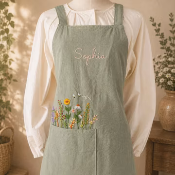 Personalized Embroidered Apron, Floral Linen Apron with Pocket, Custom Name Kitchen Apron, Gardening Apron, Handmade Gift for Her