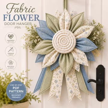 Quilted Fabric Flower Door Hanger Pattern PDF | Quilted Wreath Sewing Pattern, Large Floral Wall Hanging, Farmhouse Door Decor DIY