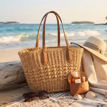 Handwoven Straw Shoulder Bag, Lightweight Summer Beach Tote, Khaki or Beige Woven Handbag, Everyday Casual Bohemian Bag