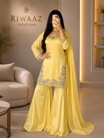 Pakistani Designer Sharara Kurti Suit Set With Dupatta Dress For Womens, Readymade Wedding outfit, Embroidered Work suit set 3pcs