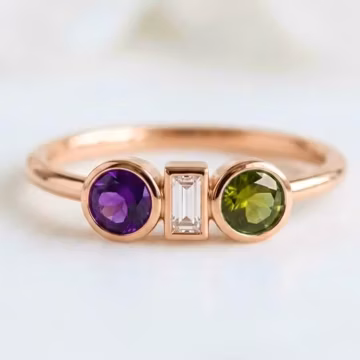 Amethyst Peridot Baguette Diamond Rose Gold Three Stone Ring – Art Deco Style Bezel Set