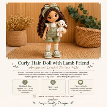 Curly Hair Doll Crochet Pattern PDF: Amigurumi Girl with Lamb Friend (Instant Download)