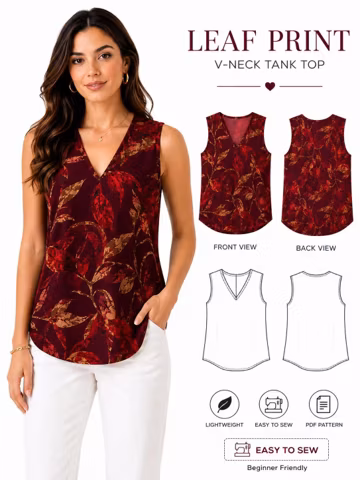Women's V-Neck Tank Top Sewing Pattern | Leaf Print Blouse (Digital Download)