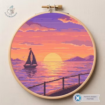 Sunset Sailboat Cross Stitch Pattern, Purple Ocean Landscape (Digital PDF Download)