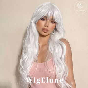 26 Inch White Curly Wig with Bangs, Long Wavy Synthetic Wig, Heat Resistant Natural Looking Wig for Women