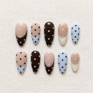 Chocolate Brown Polka Dot Press On Nails, Baby Blue French Tip Manicure, Cute Coquette Short Almond Nails