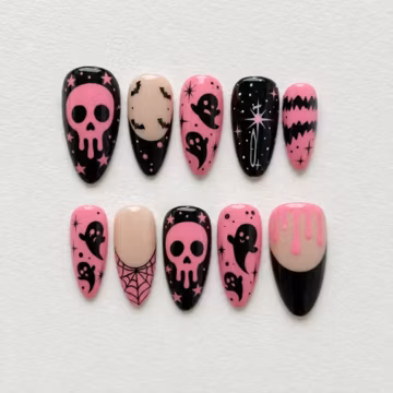 Pink Ghost Halloween Press On Nails, Cute Skull Spider Web Goth Nail Art, Spooky Party Manicure