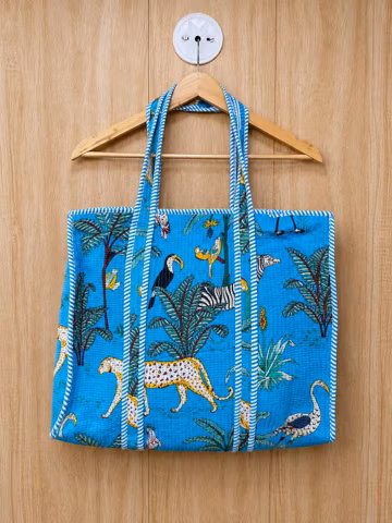 Handmade Quilted Cotton Tote Bag | Jungle Safari Print | Large Reversible Shopper | Beach Travel Shoulder Bag | Gift for Her