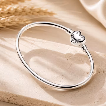 Heart Clasp Open Bangle, Sterling Silver Minimalist Bracelet, Stackable Charm Bangle Jewelry, Gift for Her