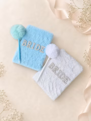 Bride Plush Notebook Set, Pearl Letter Journal with Pom Pom Pen, Bridal Shower Gift