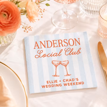 Personalized Wedding Weekend Napkins, Custom Social Club Cocktail Napkins, Blue Stripe Wedding Napkins, Couple Party Decor